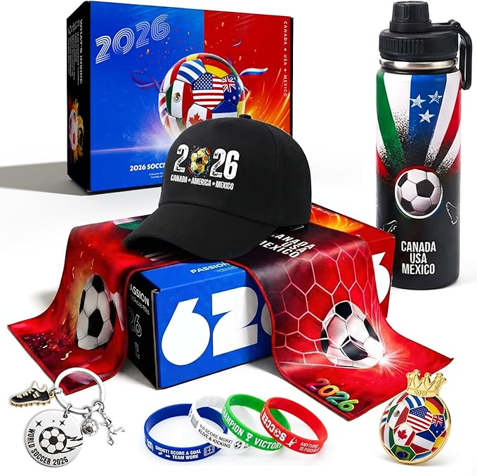 EXUN World Cup 2026 Soccer Fan Gift Set – 9PC Sports Accessories Bundle with Tumbler, Hat, Towel & Keychain