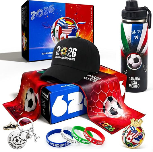 EXUN World Cup 2026 Soccer Fan Gift Set – 9PC Sports Accessories Bundle with Tumbler, Hat, Towel & Keychain