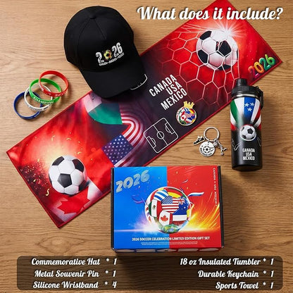 EXUN World Cup 2026 Soccer Fan Gift Set – 9PC Sports Accessories Bundle with Tumbler, Hat, Towel & Keychain