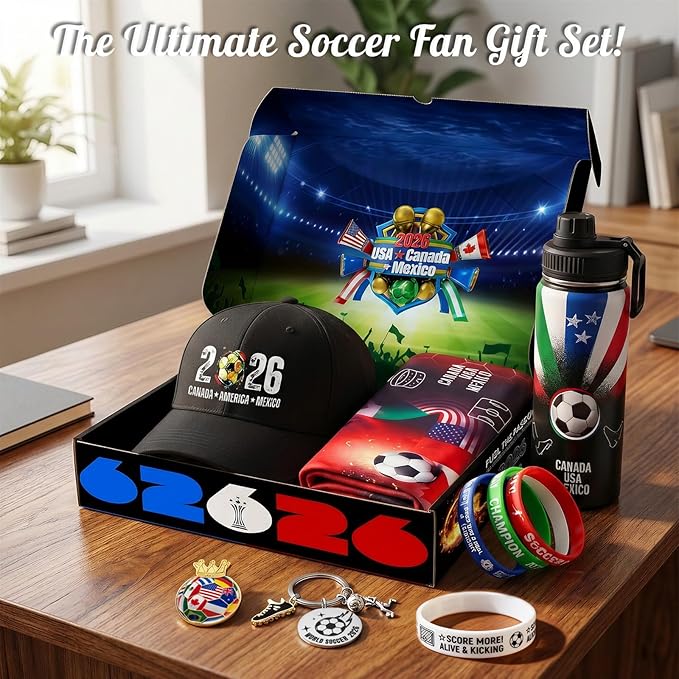 EXUN World Cup 2026 Soccer Fan Gift Set – 9PC Sports Accessories Bundle with Tumbler, Hat, Towel & Keychain